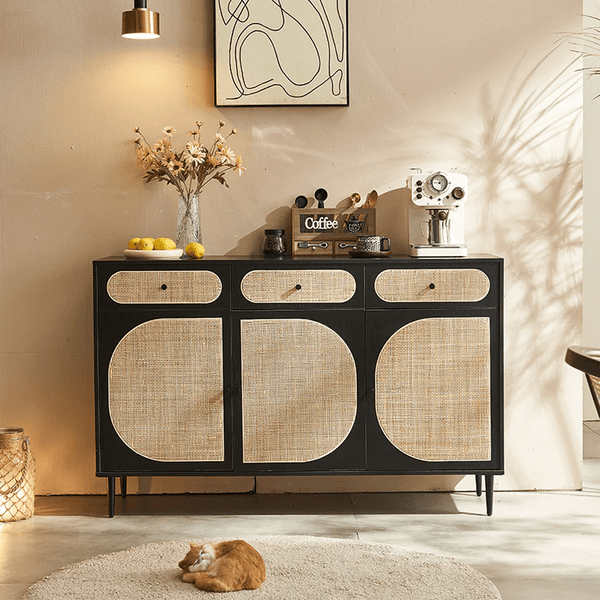 Ballard Rattan Sideboard Storage Cabinet, Modern Wooden Buffet Unit with Rattan Front Doors – Available in Black or Oak Finish - Sleek Furniture