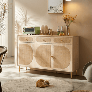 Ballard Rattan Sideboard Storage Cabinet, Modern Wooden Buffet Unit with Rattan Front Doors – Available in Black or Oak Finish - Sleek Furniture