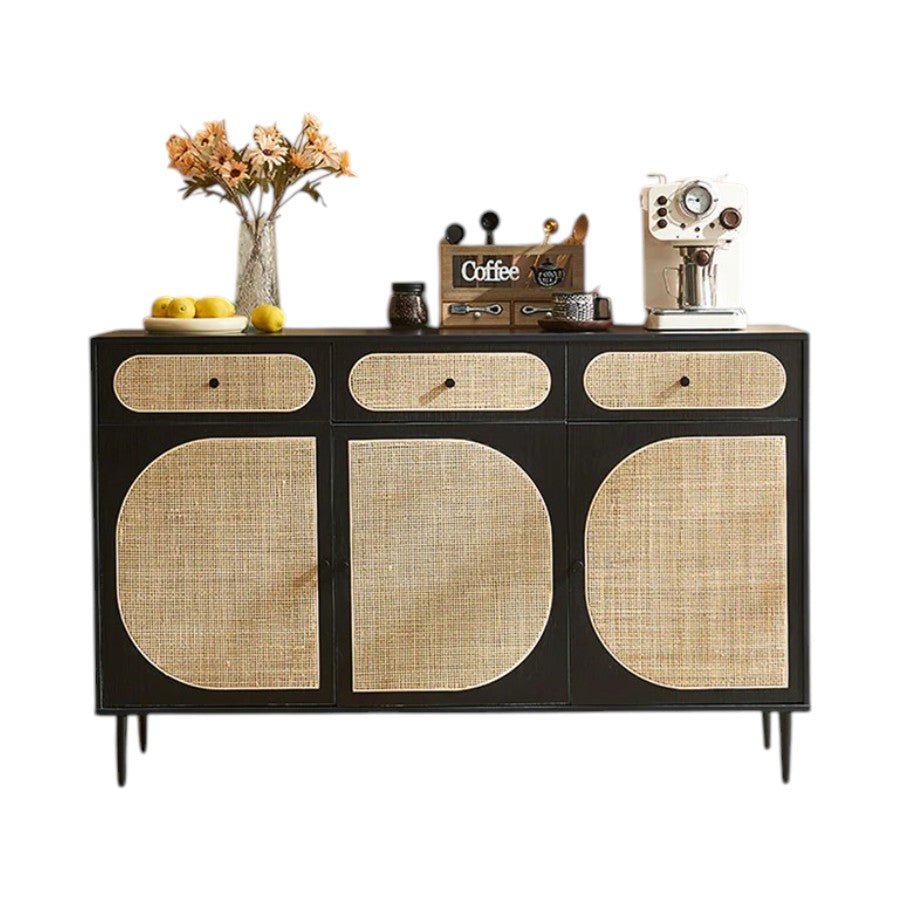 Ballard Rattan Sideboard Storage Cabinet, Modern Wooden Buffet Unit with Rattan Front Doors – Available in Black or Oak Finish - Sleek Furniture