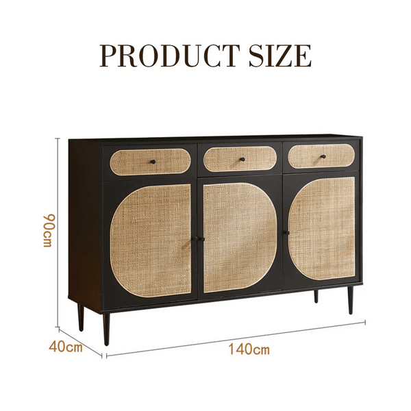 Ballard Rattan Sideboard Storage Cabinet, Modern Wooden Buffet Unit with Rattan Front Doors – Available in Black or Oak Finish - Sleek Furniture