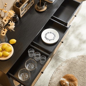 Ballard Rattan Sideboard Storage Cabinet, Modern Wooden Buffet Unit with Rattan Front Doors – Available in Black or Oak Finish - Sleek Furniture