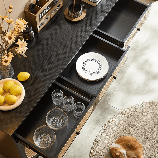 Ballard Rattan Sideboard Storage Cabinet, Modern Wooden Buffet Unit with Rattan Front Doors – Available in Black or Oak Finish - Sleek Furniture