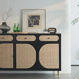 Ballard Rattan Sideboard Storage Cabinet, Modern Wooden Buffet Unit with Rattan Front Doors – Available in Black or Oak Finish - Sleek Furniture