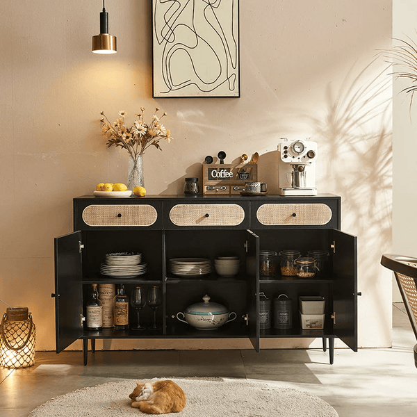 Ballard Rattan Sideboard Storage Cabinet, Modern Wooden Buffet Unit with Rattan Front Doors – Available in Black or Oak Finish - Sleek Furniture