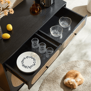 Barbary Rattan Sideboard – Modern Black or Oak Wooden Storage Cabinet with Rattan Doors, Contemporary Living Room Sideboard Unit - Sleek Furniture
