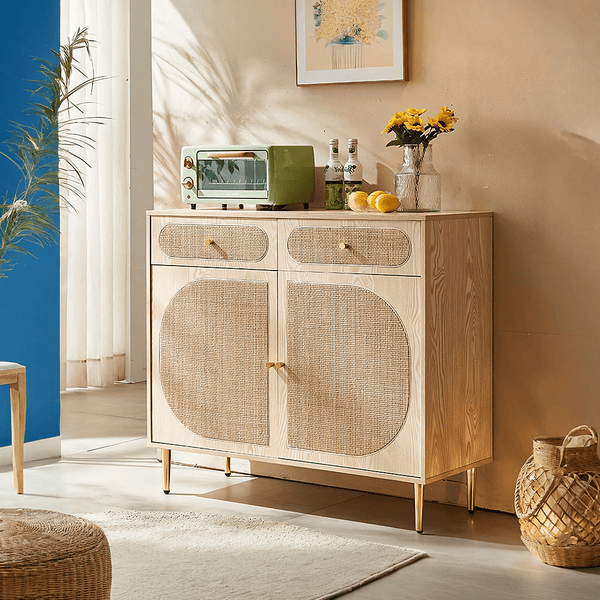 Barbary Rattan Sideboard – Modern Black or Oak Wooden Storage Cabinet with Rattan Doors, Contemporary Living Room Sideboard Unit - Sleek Furniture