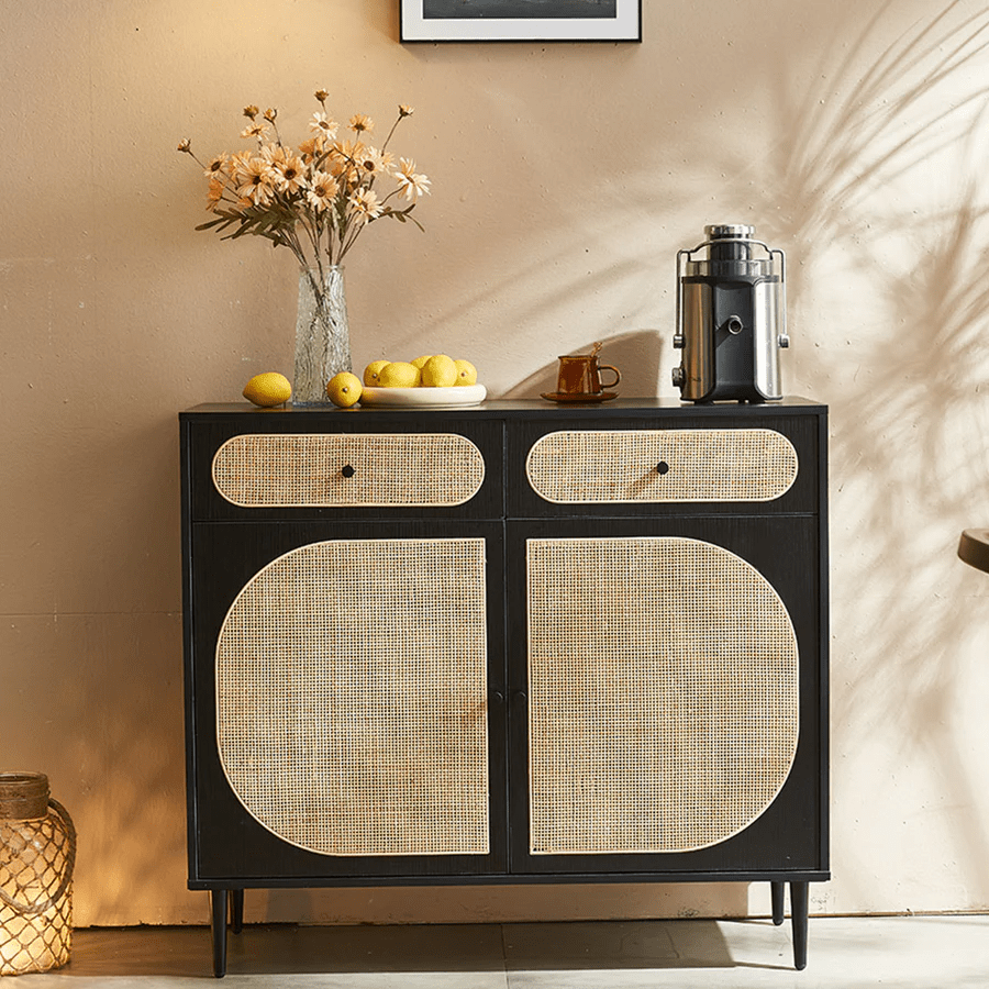 Barbary Rattan Sideboard – Modern Black or Oak Wooden Storage Cabinet with Rattan Doors, Contemporary Living Room Sideboard Unit - Sleek Furniture