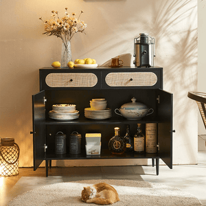 Barbary Rattan Sideboard – Modern Black or Oak Wooden Storage Cabinet with Rattan Doors, Contemporary Living Room Sideboard Unit - Sleek Furniture