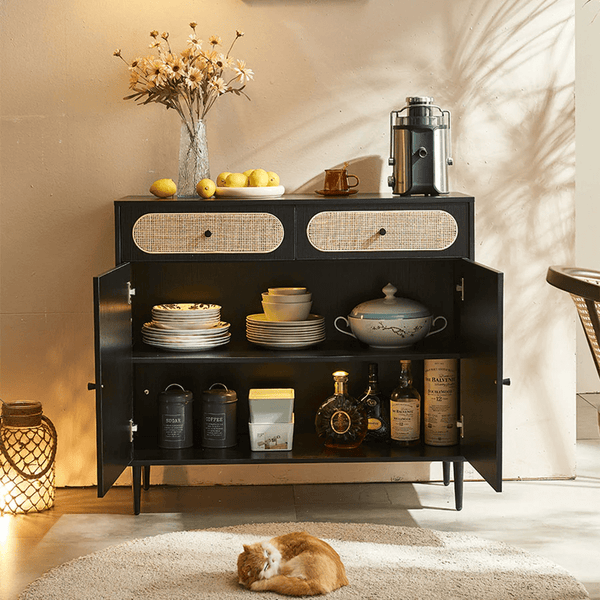 Barbary Rattan Sideboard – Modern Black or Oak Wooden Storage Cabinet with Rattan Doors, Contemporary Living Room Sideboard Unit - Sleek Furniture