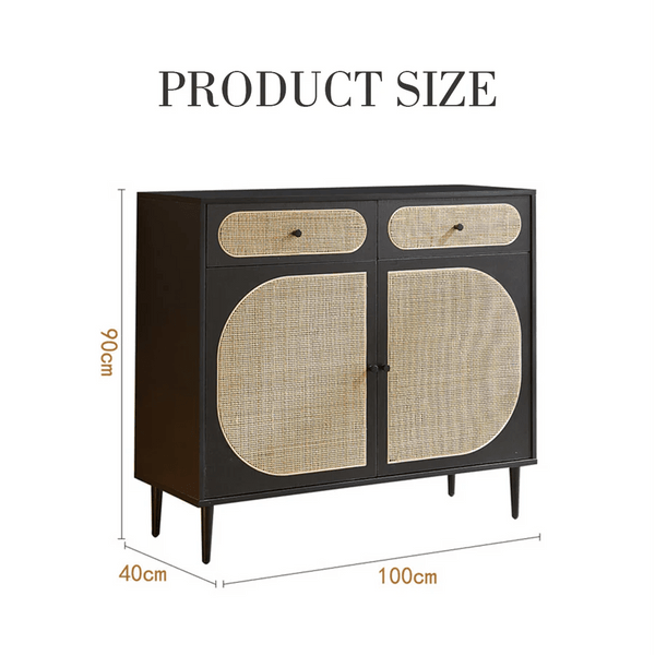 Barbary Rattan Sideboard – Modern Black or Oak Wooden Storage Cabinet with Rattan Doors, Contemporary Living Room Sideboard Unit - Sleek Furniture