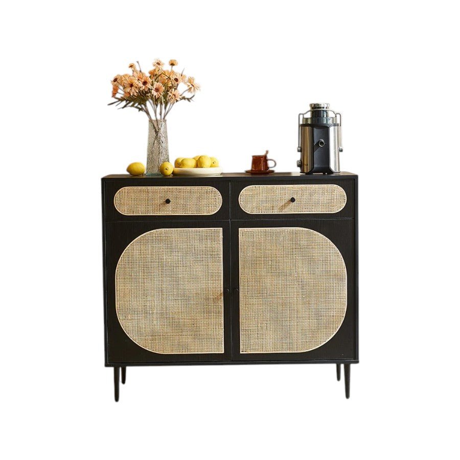 Barbary Rattan Sideboard – Modern Black or Oak Wooden Storage Cabinet with Rattan Doors, Contemporary Living Room Sideboard Unit - Sleek Furniture