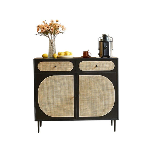 Barbary Rattan Sideboard – Modern Black or Oak Wooden Storage Cabinet with Rattan Doors, Contemporary Living Room Sideboard Unit - Sleek Furniture