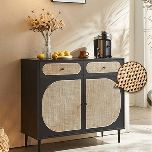 Barbary Rattan Sideboard – Modern Black or Oak Wooden Storage Cabinet with Rattan Doors, Contemporary Living Room Sideboard Unit - Sleek Furniture