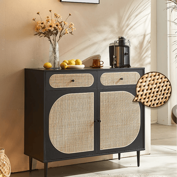 Barbary Rattan Sideboard – Modern Black or Oak Wooden Storage Cabinet with Rattan Doors, Contemporary Living Room Sideboard Unit - Sleek Furniture