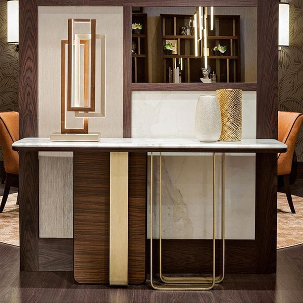 Barbican Console Table – Gold Metal Frame with Rosewood Finish, Modern Hallway & Living Room Accent Table - Sleek Furniture