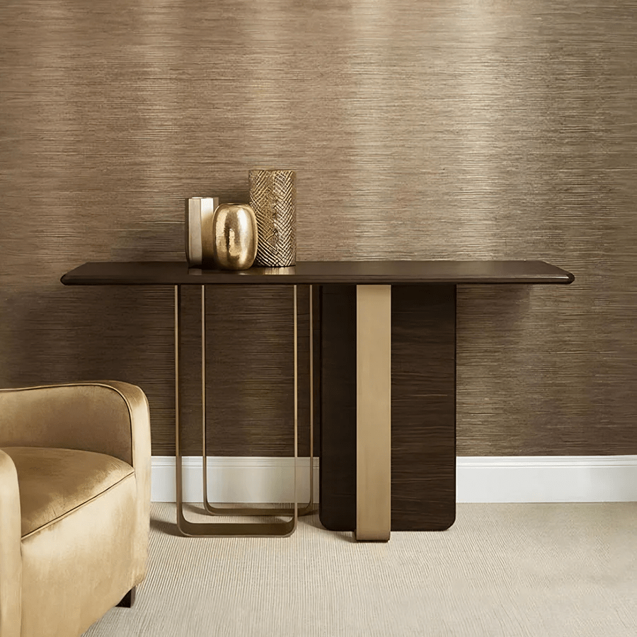 Barbican Console Table – Gold Metal Frame with Rosewood Finish, Modern Hallway & Living Room Accent Table - Sleek Furniture
