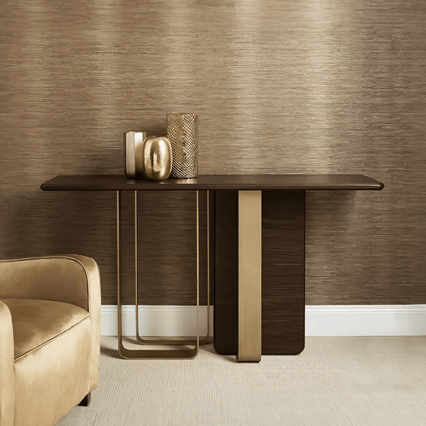Barbican Console Table – Gold Metal Frame with Rosewood Finish, Modern Hallway & Living Room Accent Table - Sleek Furniture