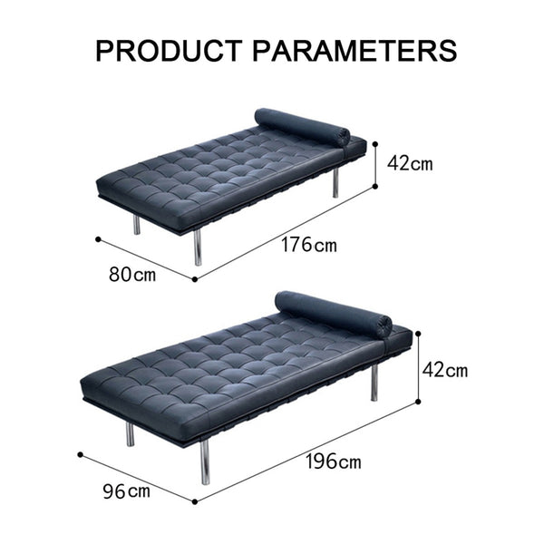 Barcelona Real Leather Daybed – Modern Black Chaise Lounge Sofa with Steel Frame, Contemporary Living Room Day Bed - Sleek Furniture