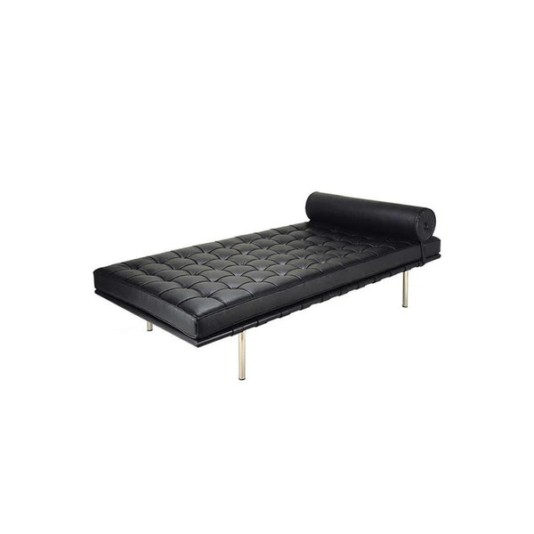 Barcelona Real Leather Daybed – Modern Black Chaise Lounge Sofa with Steel Frame, Contemporary Living Room Day Bed - Sleek Furniture