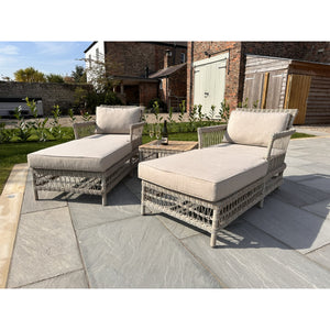 Provence Collection Outdoor Sun Lounger Set with Acacia Wood Table – Weather-Resistant HDPE Wicker & Olefin Cushions - My Store