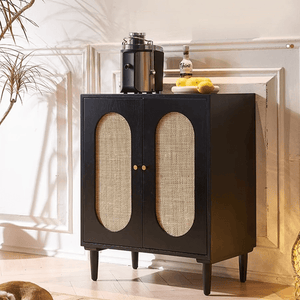 Beatrix Retro Rattan Sideboard, Modern Black Wooden Storage Cabinet with Natural Rattan Doors, Contemporary Living Room Console Unit - Sleek Furniture