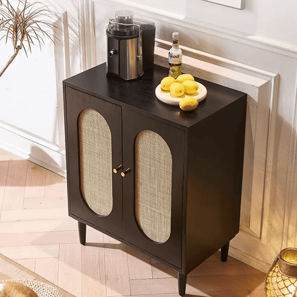 Beatrix Retro Rattan Sideboard, Modern Black Wooden Storage Cabinet with Natural Rattan Doors, Contemporary Living Room Console Unit - Sleek Furniture