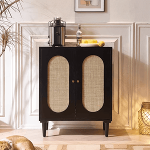 Beatrix Retro Rattan Sideboard, Modern Black Wooden Storage Cabinet with Natural Rattan Doors, Contemporary Living Room Console Unit - Sleek Furniture