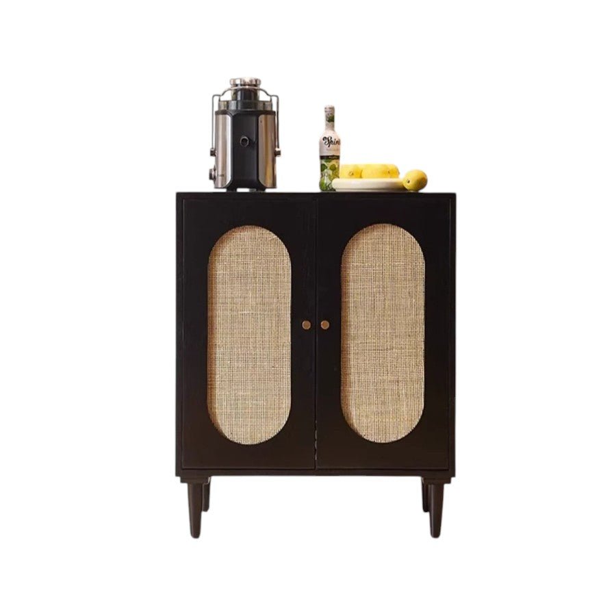 Beatrix Retro Rattan Sideboard, Modern Black Wooden Storage Cabinet with Natural Rattan Doors, Contemporary Living Room Console Unit - Sleek Furniture
