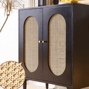 Beatrix Retro Rattan Sideboard, Modern Black Wooden Storage Cabinet with Natural Rattan Doors, Contemporary Living Room Console Unit - Sleek Furniture