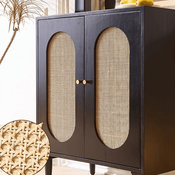 Beatrix Retro Rattan Sideboard, Modern Black Wooden Storage Cabinet with Natural Rattan Doors, Contemporary Living Room Console Unit - Sleek Furniture