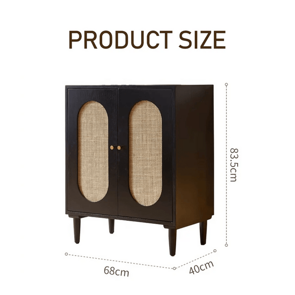 Beatrix Retro Rattan Sideboard, Modern Black Wooden Storage Cabinet with Natural Rattan Doors, Contemporary Living Room Console Unit - Sleek Furniture