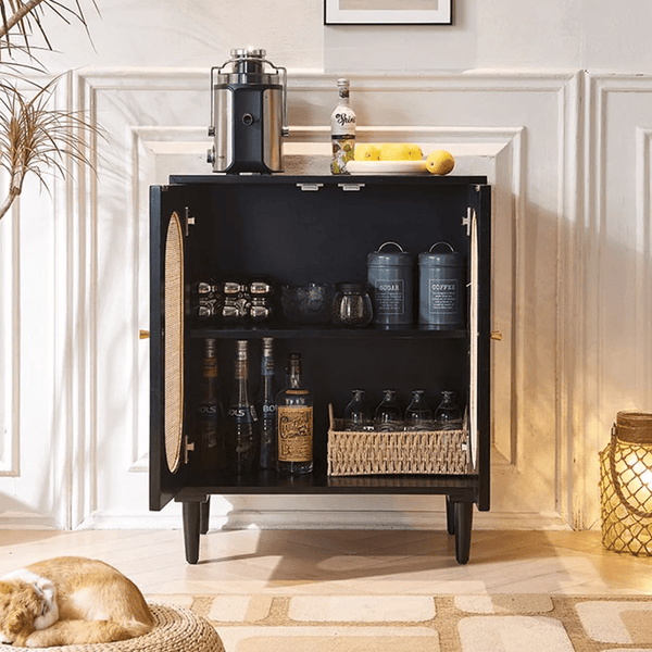 Beatrix Retro Rattan Sideboard, Modern Black Wooden Storage Cabinet with Natural Rattan Doors, Contemporary Living Room Console Unit - Sleek Furniture