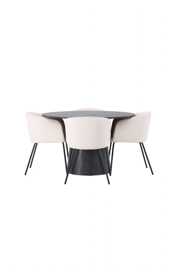 Berit & Lanzo Dining Set | Round 120cm Table with 4 Beige Velvet Chairs