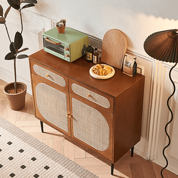 Berlinda Walnut Rattan Sideboard – Solid Wood Storage Cabinet with Natural Rattan Doors, 100cm Modern Contemporary Living Room Storage Unit - Sleek Furniture