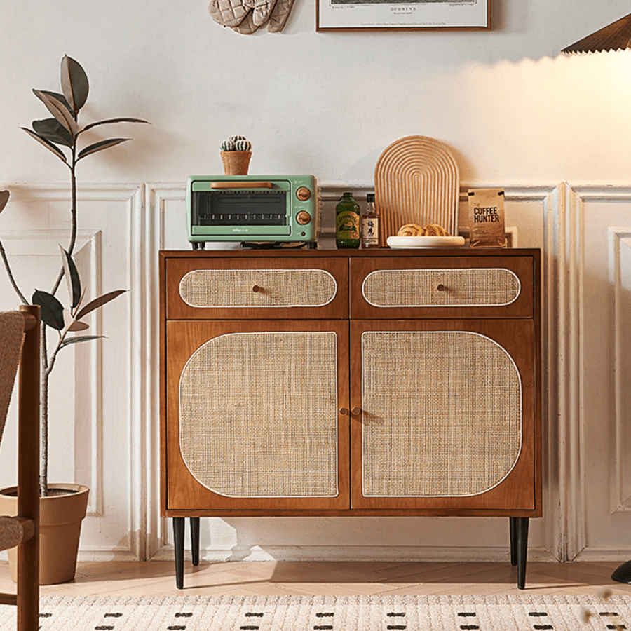 Berlinda Walnut Rattan Sideboard – Solid Wood Storage Cabinet with Natural Rattan Doors, 100cm Modern Contemporary Living Room Storage Unit - Sleek Furniture