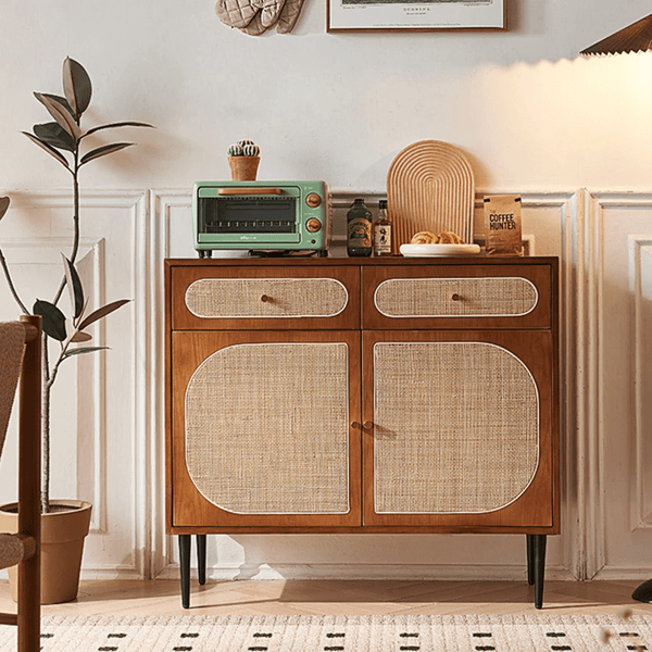 Berlinda Walnut Rattan Sideboard – Solid Wood Storage Cabinet with Natural Rattan Doors, 100cm Modern Contemporary Living Room Storage Unit - Sleek Furniture