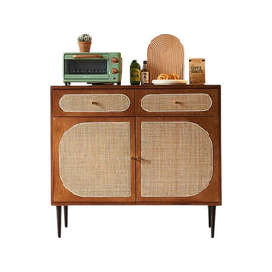 Berlinda Walnut Rattan Sideboard – Solid Wood Storage Cabinet with Natural Rattan Doors, 100cm Modern Contemporary Living Room Storage Unit - Sleek Furniture