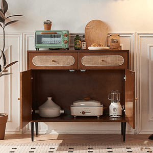 Berlinda Walnut Rattan Sideboard – Solid Wood Storage Cabinet with Natural Rattan Doors, 100cm Modern Contemporary Living Room Storage Unit - Sleek Furniture