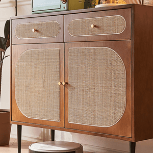 Berlinda Walnut Rattan Sideboard – Solid Wood Storage Cabinet with Natural Rattan Doors, 100cm Modern Contemporary Living Room Storage Unit - Sleek Furniture