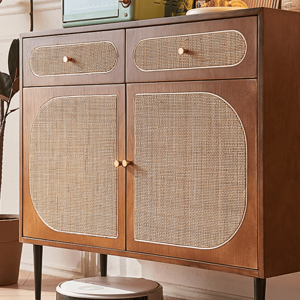 Berlinda Walnut Rattan Sideboard – Solid Wood Storage Cabinet with Natural Rattan Doors, 100cm Modern Contemporary Living Room Storage Unit - Sleek Furniture