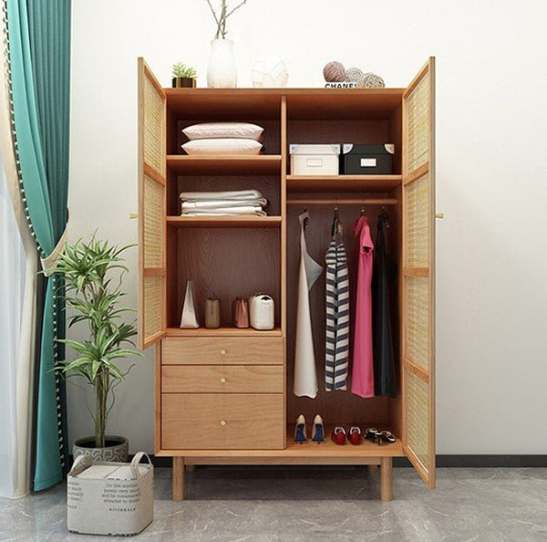 Bernadette Rattan & Oak Wardrobe – Contemporary Hallway Storage Cabinet with Natural Rattan Detailing, Wooden Finish Storage Unit for Bedroom & Entryway - Sleek Furniture
