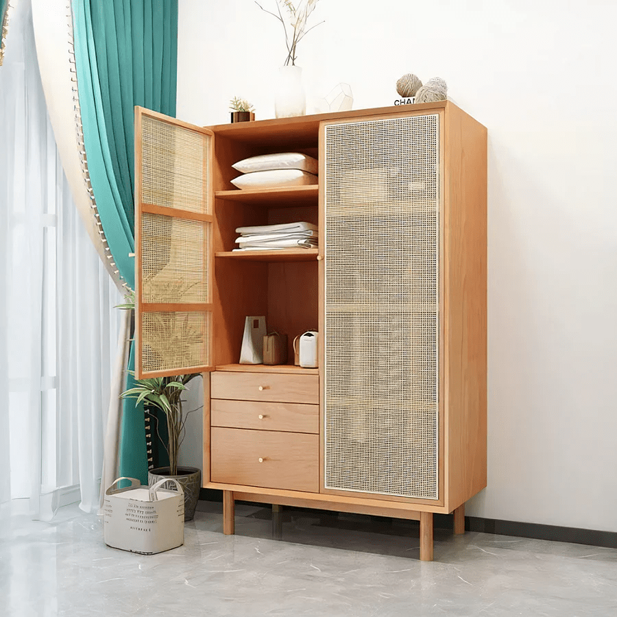 Bernadette Rattan & Oak Wardrobe – Contemporary Hallway Storage Cabinet with Natural Rattan Detailing, Wooden Finish Storage Unit for Bedroom & Entryway - Sleek Furniture