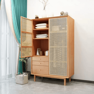 Bernadette Rattan & Oak Wardrobe – Contemporary Hallway Storage Cabinet with Natural Rattan Detailing, Wooden Finish Storage Unit for Bedroom & Entryway - Sleek Furniture