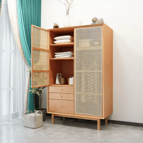 Bernadette Rattan & Oak Wardrobe – Contemporary Hallway Storage Cabinet with Natural Rattan Detailing, Wooden Finish Storage Unit for Bedroom & Entryway - Sleek Furniture