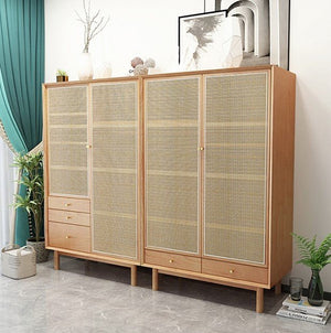 Bernadette Rattan & Oak Wardrobe – Contemporary Hallway Storage Cabinet with Natural Rattan Detailing, Wooden Finish Storage Unit for Bedroom & Entryway - Sleek Furniture