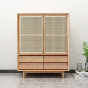 Bernadette Rattan & Oak Wardrobe – Contemporary Hallway Storage Cabinet with Natural Rattan Detailing, Wooden Finish Storage Unit for Bedroom & Entryway - Sleek Furniture
