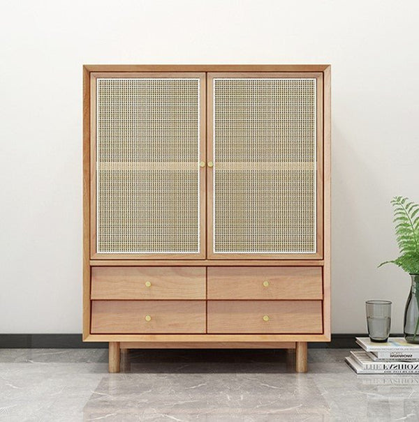 Bernadette Rattan & Oak Wardrobe – Contemporary Hallway Storage Cabinet with Natural Rattan Detailing, Wooden Finish Storage Unit for Bedroom & Entryway - Sleek Furniture