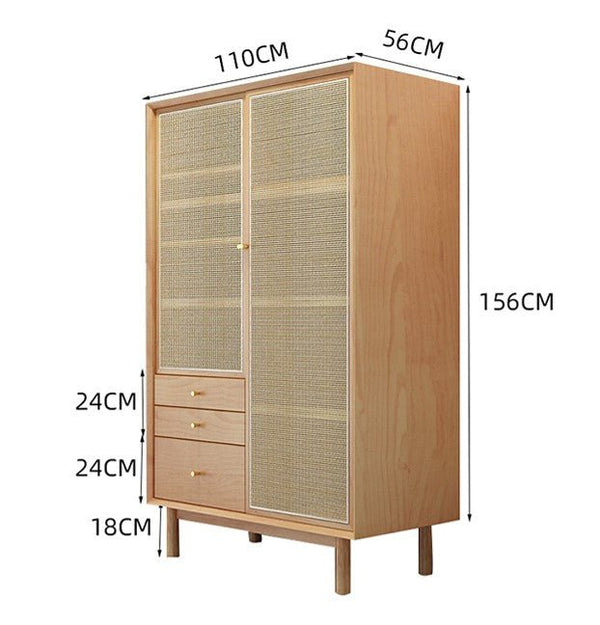 Bernadette Rattan & Oak Wardrobe – Contemporary Hallway Storage Cabinet with Natural Rattan Detailing, Wooden Finish Storage Unit for Bedroom & Entryway - Sleek Furniture