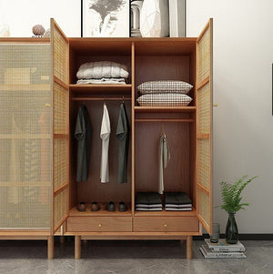 Bernadette Rattan & Oak Wardrobe – Contemporary Hallway Storage Cabinet with Natural Rattan Detailing, Wooden Finish Storage Unit for Bedroom & Entryway - Sleek Furniture
