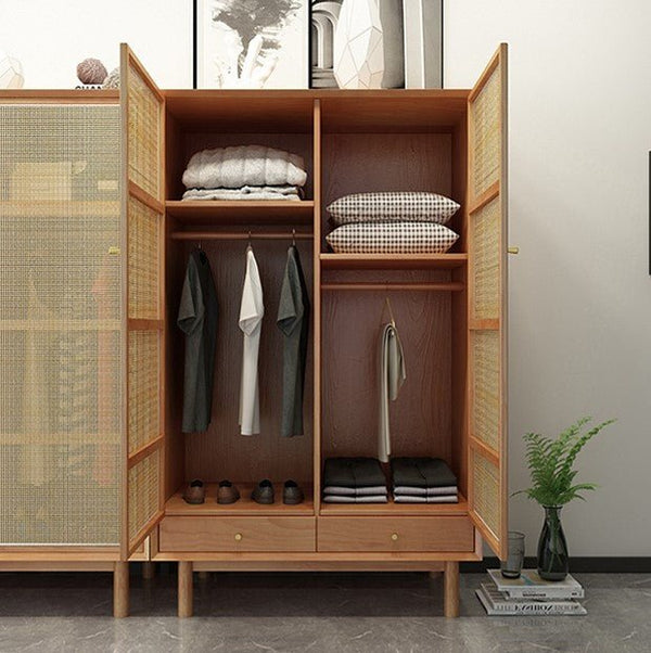 Bernadette Rattan & Oak Wardrobe – Contemporary Hallway Storage Cabinet with Natural Rattan Detailing, Wooden Finish Storage Unit for Bedroom & Entryway - Sleek Furniture